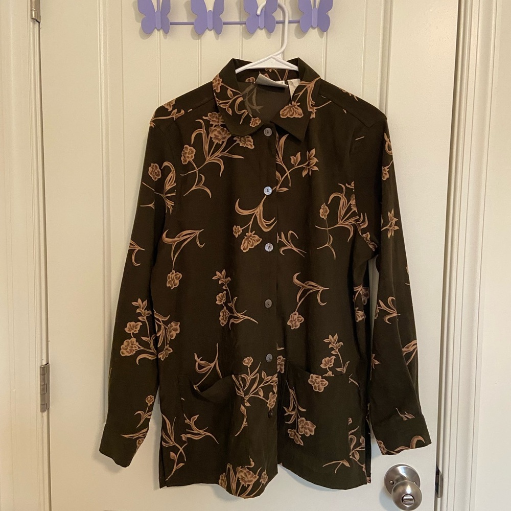 EUC Vintage Erika Studio women’s brown green floral button down shirt medium